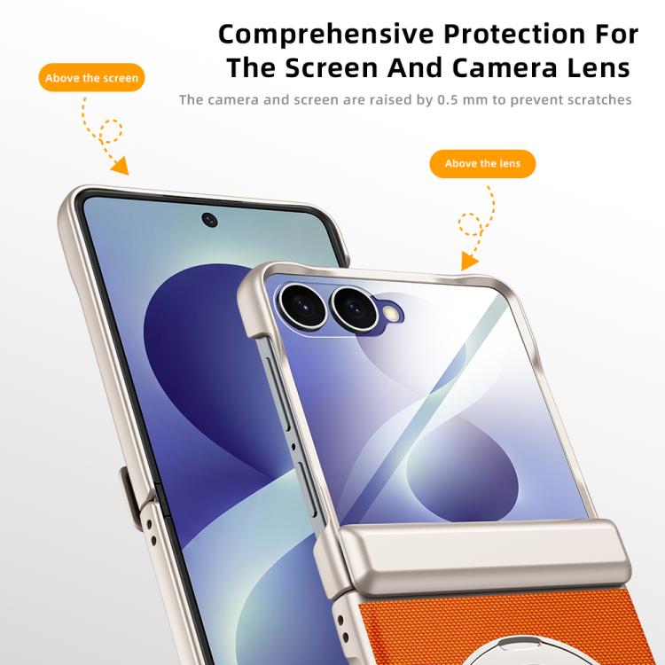 Spring Hinge Vegan Leather 360 Magnetic Holder Integrated Film Phone Case, For Galaxy Z Flip8 5G