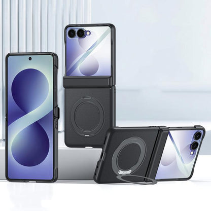 Spring Hinge Vegan Leather 360 Magnetic Holder Integrated Film Phone Case, For Galaxy Z Flip8 5G