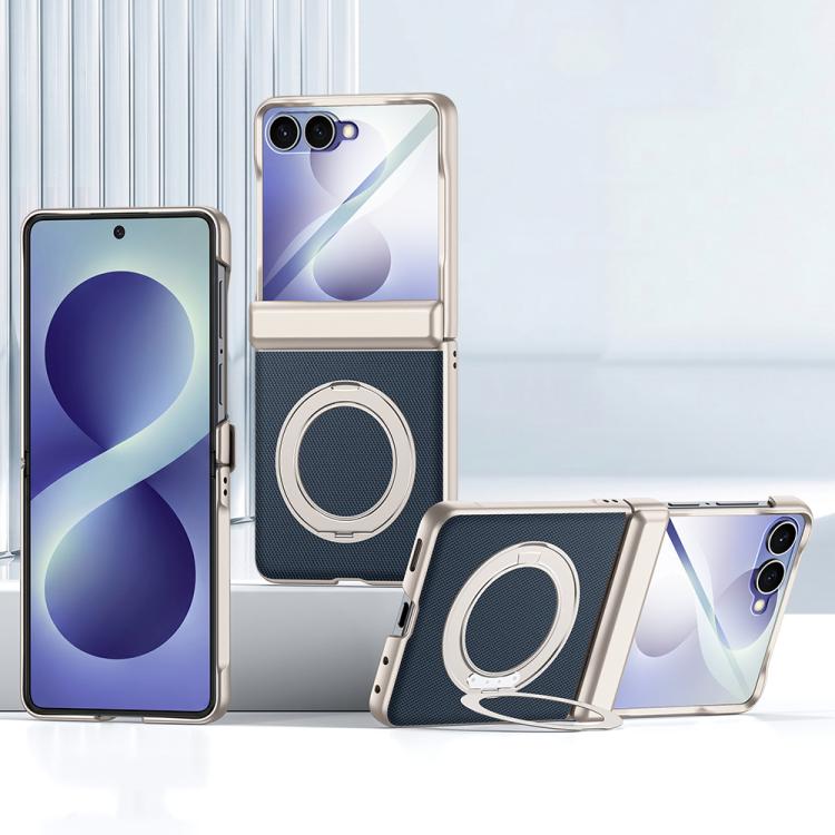 Spring Hinge Vegan Leather 360 Magnetic Holder Integrated Film Phone Case, For Galaxy Z Flip8 5G
