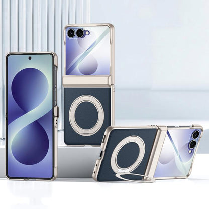 Spring Hinge Vegan Leather 360 Magnetic Holder Integrated Film Phone Case, For Galaxy Z Flip8 5G