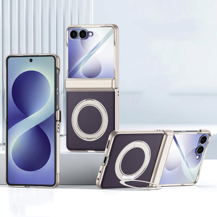 Spring Hinge Vegan Leather 360 Magnetic Holder Integrated Film Phone Case, For Galaxy Z Flip8 5G