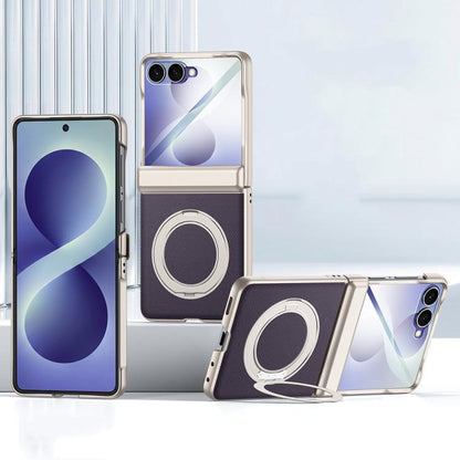 Spring Hinge Vegan Leather 360 Magnetic Holder Integrated Film Phone Case, For Galaxy Z Flip8 5G