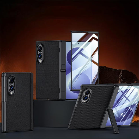 Spring Hinge Holder Vegan Leather Integrated Film Phone Case, For Galaxy Z Fold8 5G, For Galaxy Z Fold8 Ultra 5G