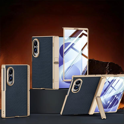 Spring Hinge Holder Vegan Leather Integrated Film Phone Case, For Galaxy Z Fold8 5G, For Galaxy Z Fold8 Ultra 5G