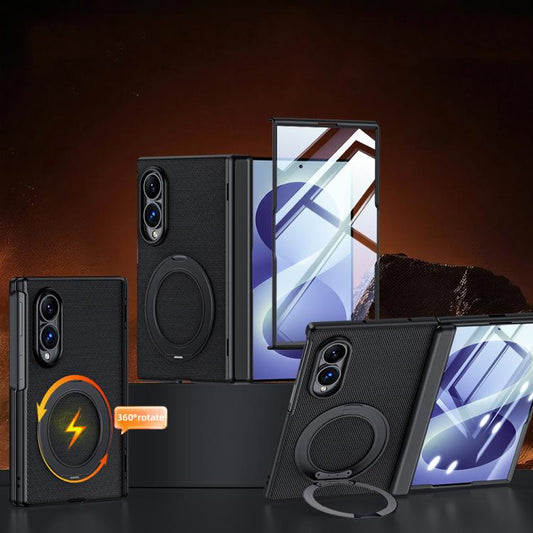 Spring Hinge Vegan Leather 360 Magnetic Holder Integrated Film Phone Case, For Galaxy Z Fold8 5G, For Galaxy Z Fold8 Ultra 5G