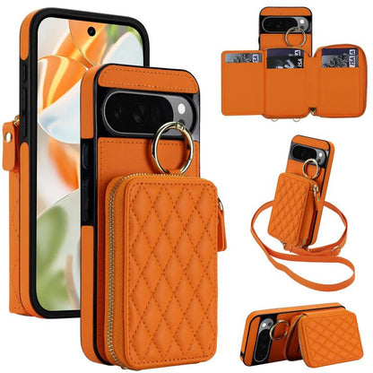 Crossbody Rhombic Hanging Ring Zipper Wallet RFID Phone Case, For Google Pixel 10 Pro XL / 9 Pro XL, For Google Pixel 10 / 10 Pro / 9 / 9 Pro