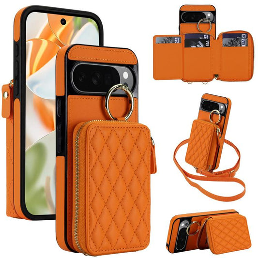 Crossbody Rhombic Hanging Ring Zipper Wallet RFID Phone Case, For Google Pixel 10 Pro XL / 9 Pro XL, For Google Pixel 10 / 10 Pro / 9 / 9 Pro