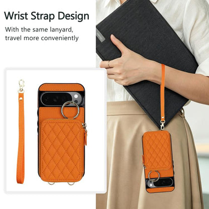 Crossbody Rhombic Hanging Ring Zipper Wallet RFID Phone Case, For Google Pixel 10 Pro XL / 9 Pro XL, For Google Pixel 10 / 10 Pro / 9 / 9 Pro