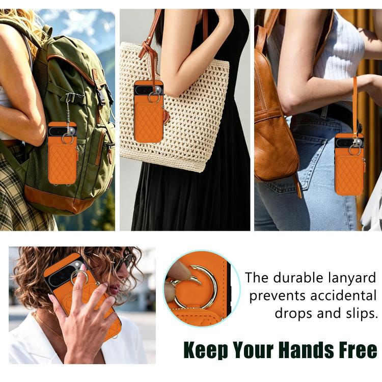 Crossbody Rhombic Hanging Ring Zipper Wallet RFID Phone Case, For Google Pixel 10 Pro XL / 9 Pro XL, For Google Pixel 10 / 10 Pro / 9 / 9 Pro