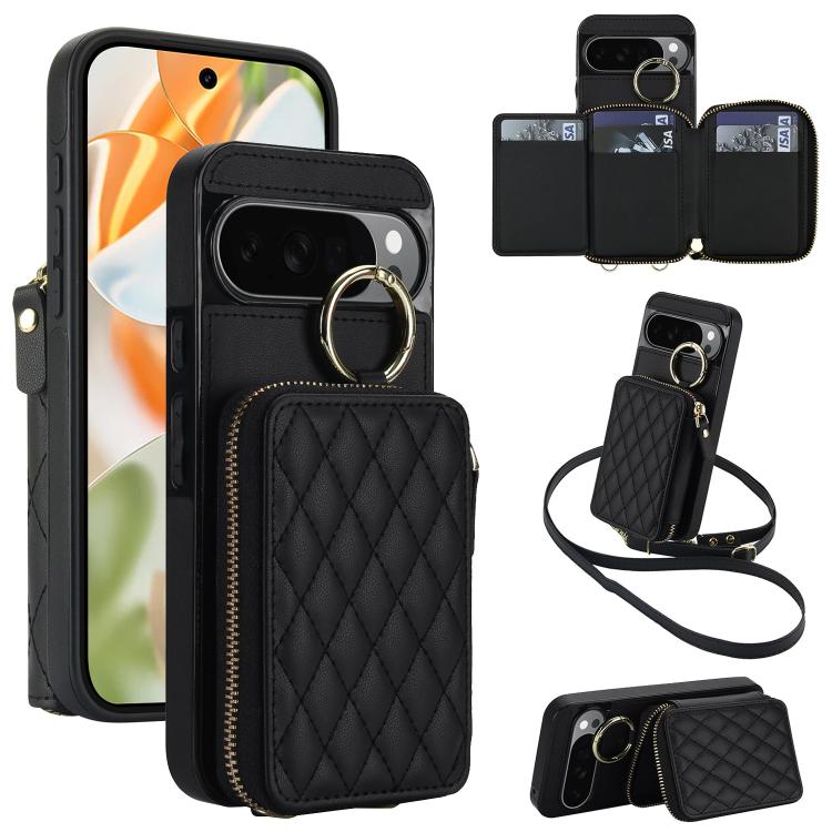 Crossbody Rhombic Hanging Ring Zipper Wallet RFID Phone Case, For Google Pixel 10 Pro XL / 9 Pro XL, For Google Pixel 10 / 10 Pro / 9 / 9 Pro