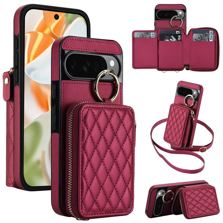 Crossbody Rhombic Hanging Ring Zipper Wallet RFID Phone Case, For Google Pixel 10 Pro XL / 9 Pro XL, For Google Pixel 10 / 10 Pro / 9 / 9 Pro
