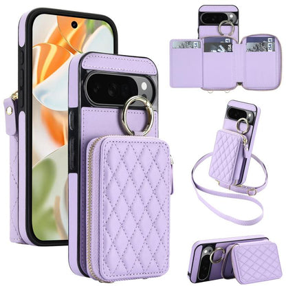 Crossbody Rhombic Hanging Ring Zipper Wallet RFID Phone Case, For Google Pixel 10 Pro XL / 9 Pro XL, For Google Pixel 10 / 10 Pro / 9 / 9 Pro