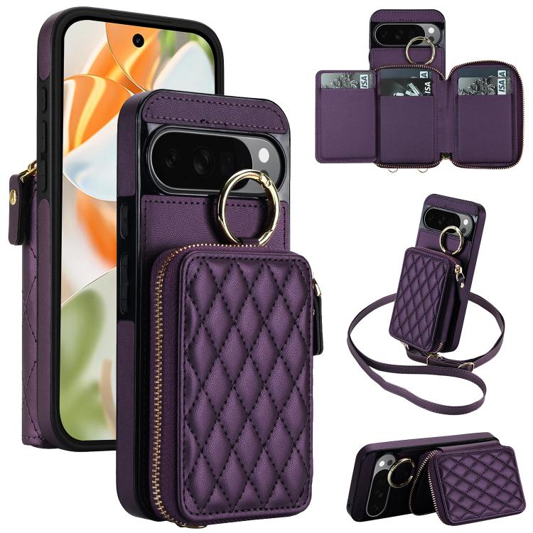 Crossbody Rhombic Hanging Ring Zipper Wallet RFID Phone Case, For Google Pixel 10 Pro XL / 9 Pro XL, For Google Pixel 10 / 10 Pro / 9 / 9 Pro