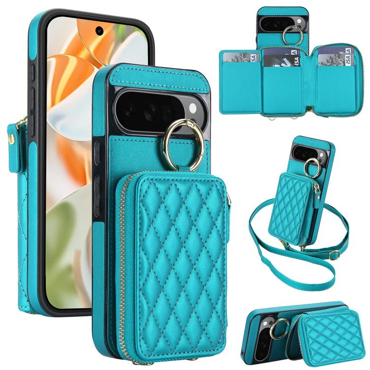 Crossbody Rhombic Hanging Ring Zipper Wallet RFID Phone Case, For Google Pixel 10 Pro XL / 9 Pro XL, For Google Pixel 10 / 10 Pro / 9 / 9 Pro