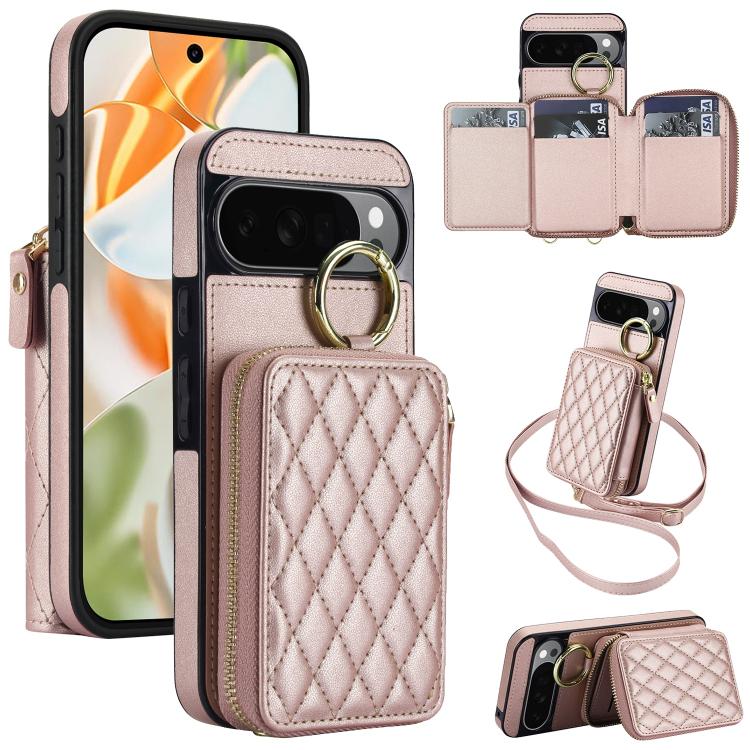Crossbody Rhombic Hanging Ring Zipper Wallet RFID Phone Case, For Google Pixel 10 Pro XL / 9 Pro XL, For Google Pixel 10 / 10 Pro / 9 / 9 Pro