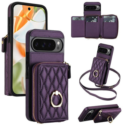 Crossbody Rhombic Ring Holder Zipper Wallet RFID Phone Case, For Google Pixel 10 Pro XL / 9 Pro XL, For Google Pixel 10 / 10 Pro / 9 / 9 Pro