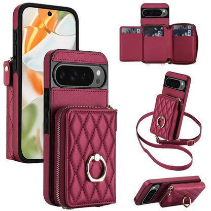 Crossbody Rhombic Ring Holder Zipper Wallet RFID Phone Case, For Google Pixel 10 Pro XL / 9 Pro XL, For Google Pixel 10 / 10 Pro / 9 / 9 Pro