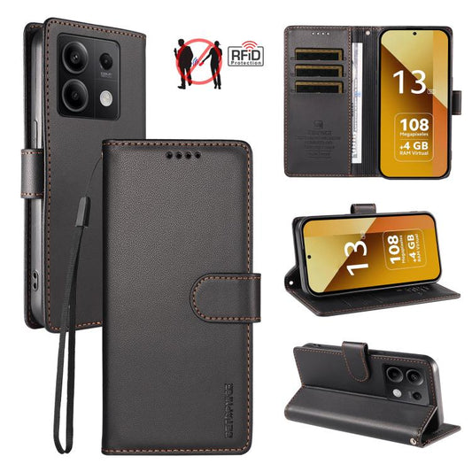 BETOPNICE Pearlescent RFID Vegan Leather Phone Case with Strap, For Redmi Note 13 5G, For Redmi Note 13 Pro+ 5G, For Redmi 12 / Note 12R / Poco M6 Pro 5G, For Redmi Note 12 Turbo / Poco F5, For Redmi 11A 4G / Poco C55