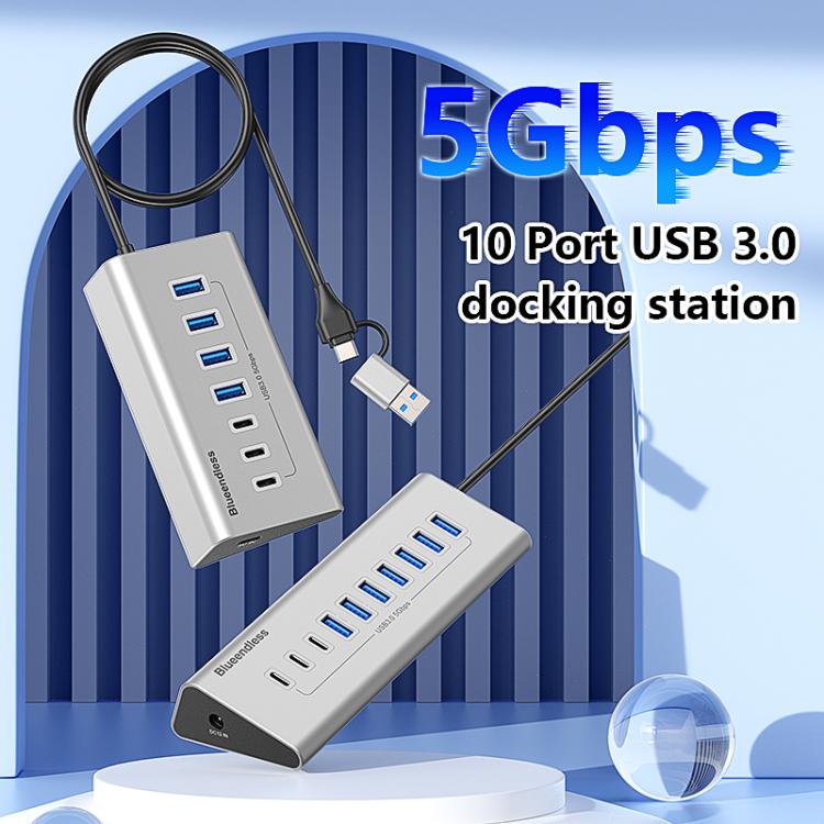 Blueendless Type-C / USB-C 2 in 1 Multifunctional HUB Docking Station UK Plug, 7 Ports Hub, 10 Ports Hub