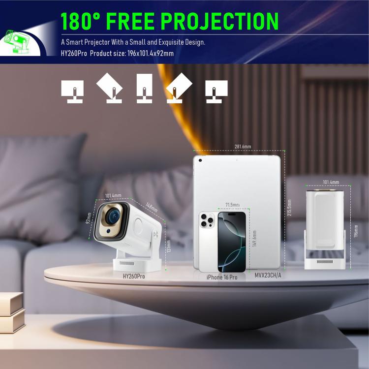 HY260 Pro 4K 1080P Portable Dual-Band WiFi Wireless Screen Mirroring HD Projector, EU Plug, US Plug, UK Plug, AU Plug