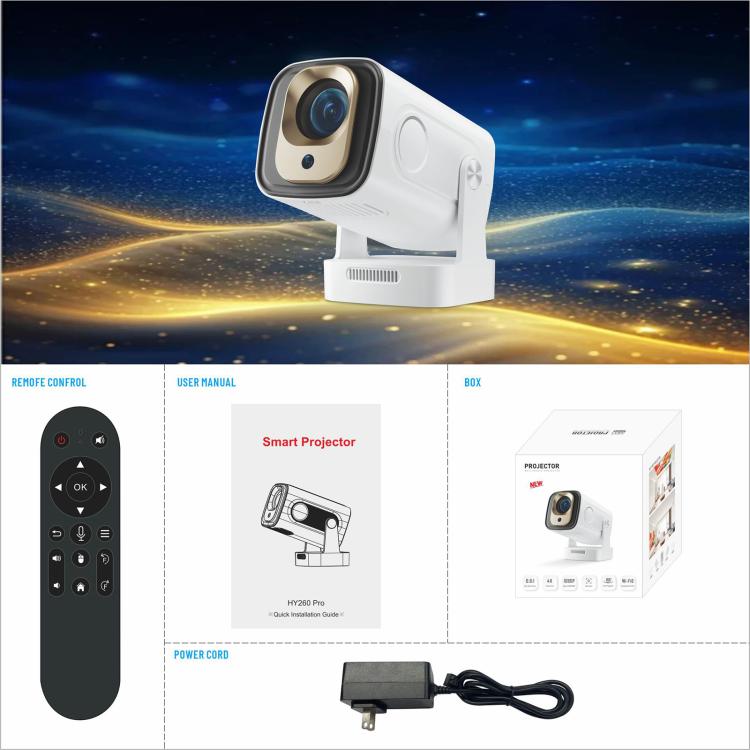 HY260 Pro 4K 1080P Portable Dual-Band WiFi Wireless Screen Mirroring HD Projector, EU Plug, US Plug, UK Plug, AU Plug