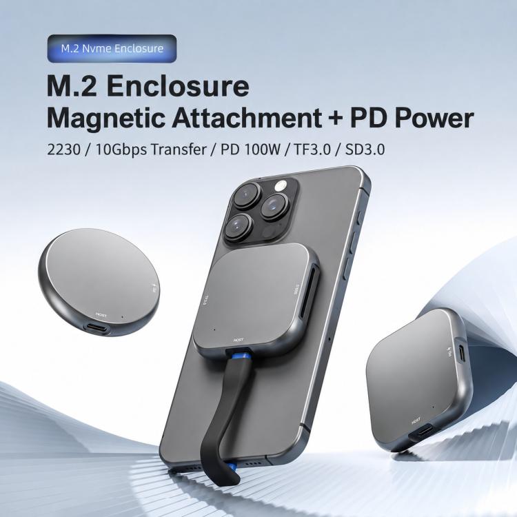 M.2 2230 NVMe SSD Magnetic Portable Hard Drive Enclosure, Card Reader No PD, Round PD100W, Square PD100W