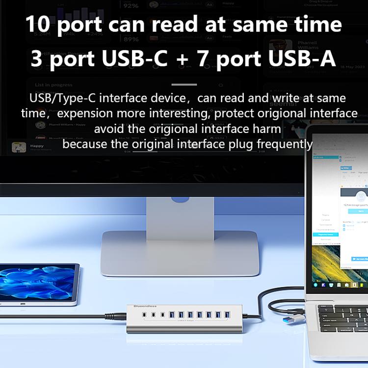 Blueendless Type-C / USB-C 2 in 1 Multifunctional HUB Docking Station EU Plug, 7 Ports Hub, 10 Ports Hub