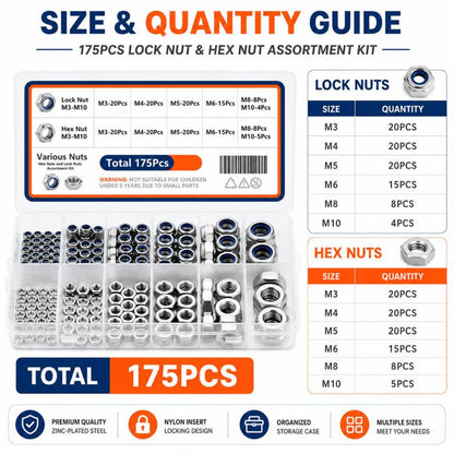 175PCS Lock Nuts and Hexagonal Nut Plug Set, M8 175PCS