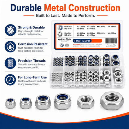 175PCS Lock Nuts and Hexagonal Nut Plug Set, M8 175PCS