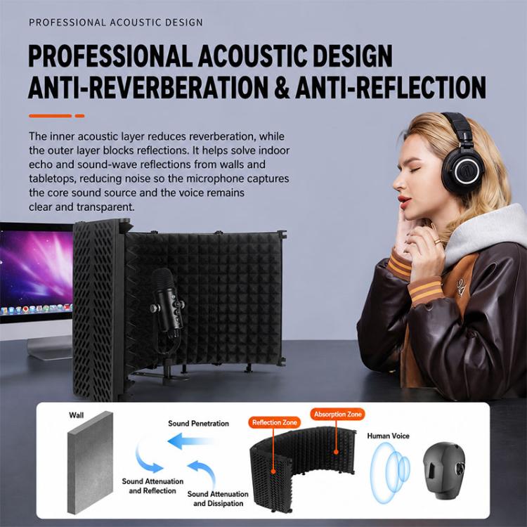 M3 Foldable Three-Panel Metal Casing Microphone Isolation Shield with Tripod and Pop Filter Kit, M3 Metal Casing Isolation Shield+Tripod+Pop Filter