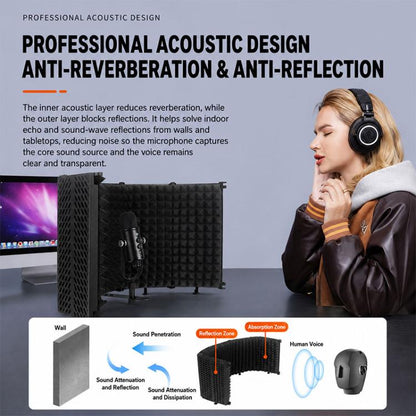 M3 Foldable Three-Panel Metal Casing Microphone Isolation Shield with Tripod and Pop Filter Kit, M3 Metal Casing Isolation Shield+Tripod+Pop Filter