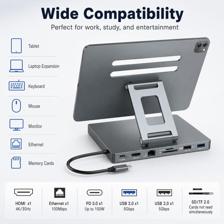 Blueendless ST706 7 in 1 4K 30Hz Multifunctional Docking Station Tablet Holder, ST706