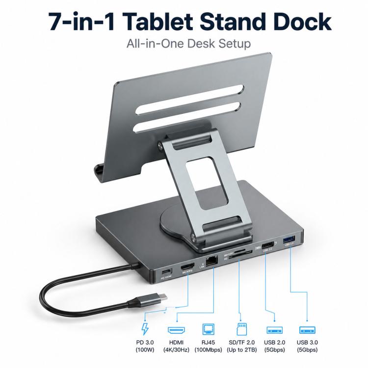Blueendless ST706A 7 in 1 4K 30Hz Multifunctional Docking Station 360-Degree Rotating Tablet Holder, ST706A