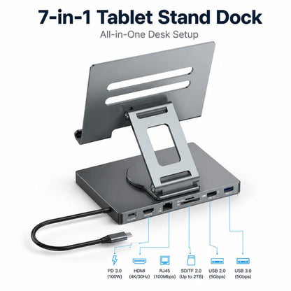 Blueendless ST706A 7 in 1 4K 30Hz Multifunctional Docking Station 360-Degree Rotating Tablet Holder, ST706A