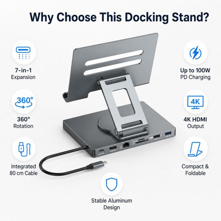 Blueendless ST706A 7 in 1 4K 30Hz Multifunctional Docking Station 360-Degree Rotating Tablet Holder, ST706A