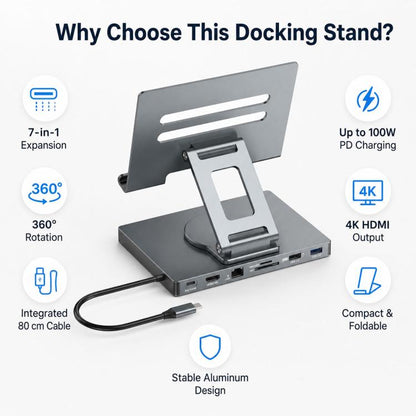 Blueendless ST706A 7 in 1 4K 30Hz Multifunctional Docking Station 360-Degree Rotating Tablet Holder, ST706A