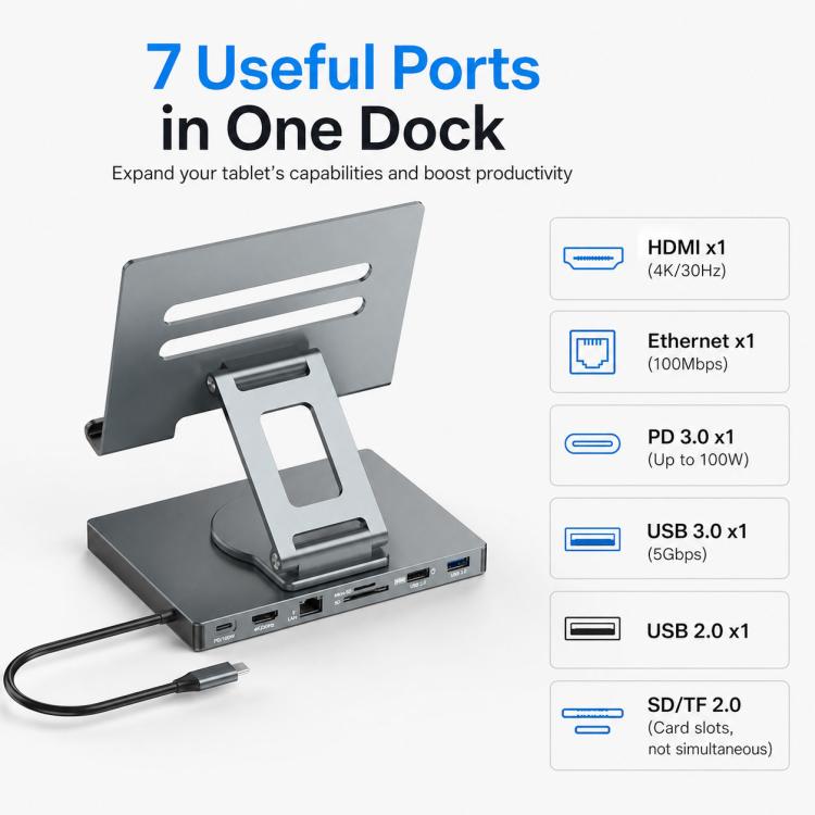 Blueendless ST706A 7 in 1 4K 30Hz Multifunctional Docking Station 360-Degree Rotating Tablet Holder, ST706A