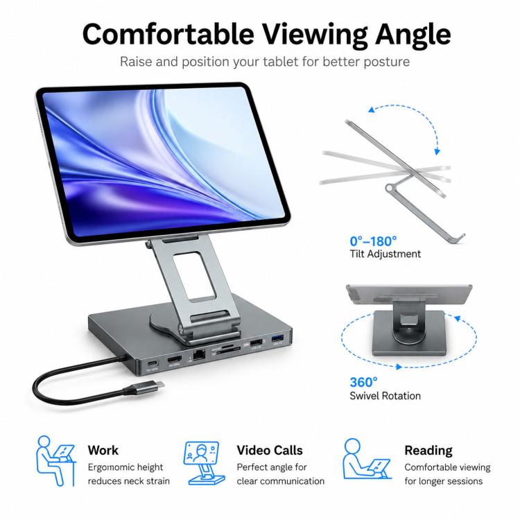 Blueendless ST706A 7 in 1 4K 30Hz Multifunctional Docking Station 360-Degree Rotating Tablet Holder, ST706A