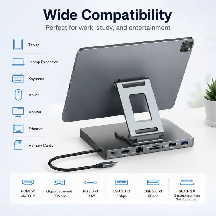 Blueendless ST706A 7 in 1 4K 30Hz Multifunctional Docking Station 360-Degree Rotating Tablet Holder, ST706A