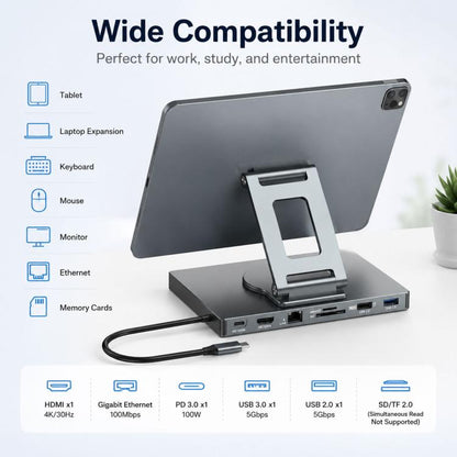 Blueendless ST706A 7 in 1 4K 30Hz Multifunctional Docking Station 360-Degree Rotating Tablet Holder, ST706A