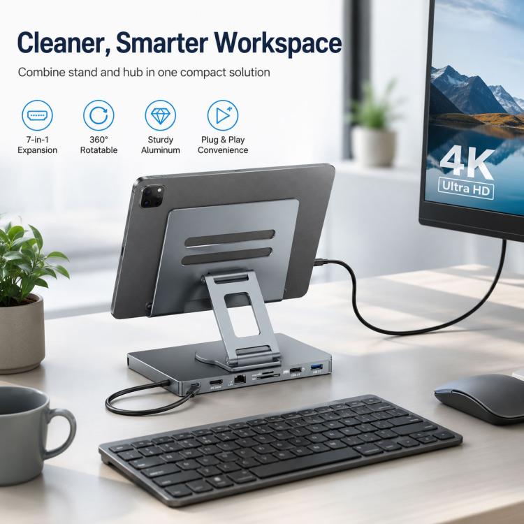 Blueendless ST706A 7 in 1 4K 30Hz Multifunctional Docking Station 360-Degree Rotating Tablet Holder, ST706A