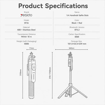 Yesido SF34 Auto Pop Open Tripod Selfie Stick with 1/4 Thread, SF34