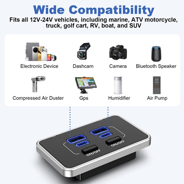 4 Ports Car Modification Fast Charging USB-C Car Charger, 4 Ports