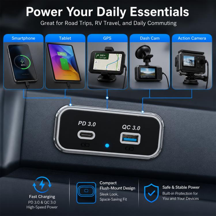 Dual Ports Car Modification Fast Charging QC3.0+PD3.0 Car Charger, Dual Ports(Black with Silver Border), Dual Ports(Black with Black Border)