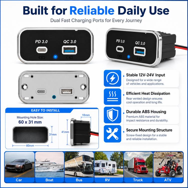 Dual Ports Car Modification Fast Charging QC3.0+PD3.0 Car Charger, Dual Ports(Black with Silver Border), Dual Ports(Black with Black Border)