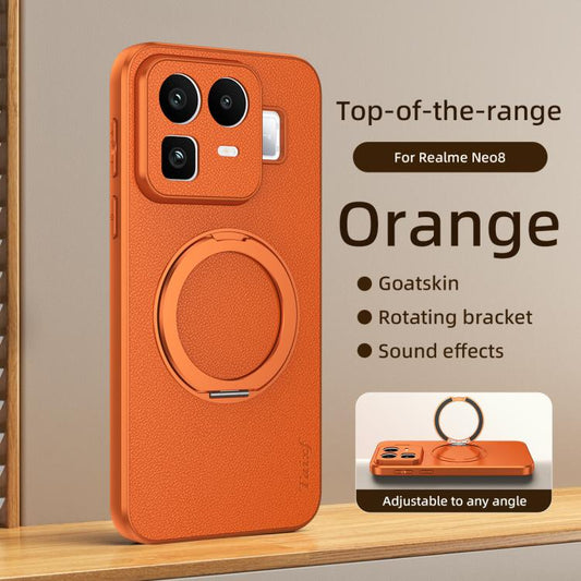 Goatskin Vegan Leather Magnetic Phone Case  With 360 Degree Rotating Holder, For Realme Neo8 5G