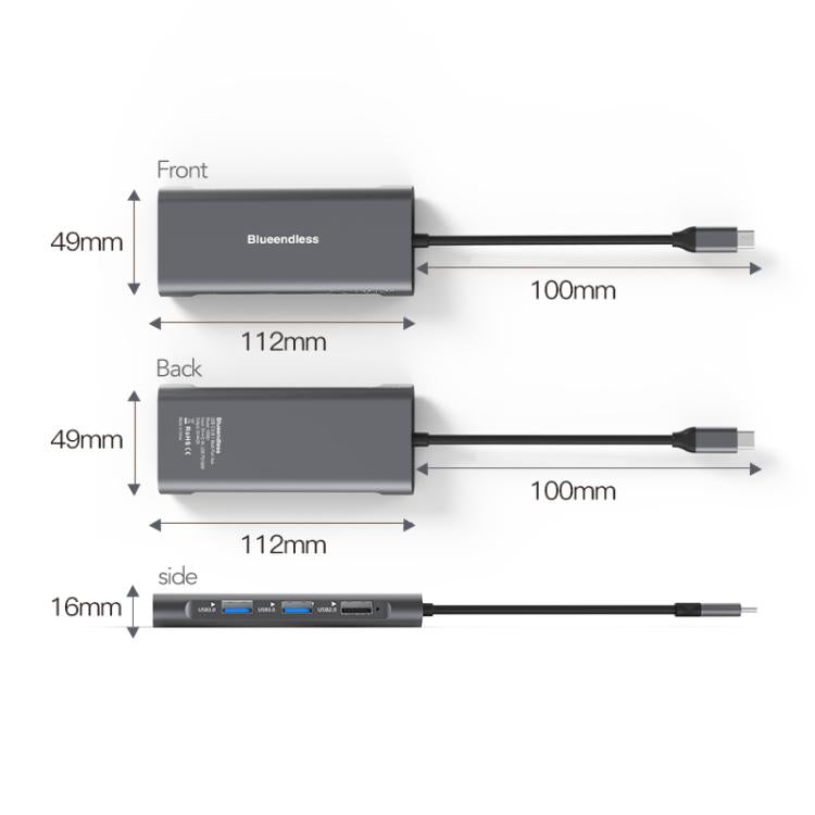 Blueendless HC801 8 in 1 100W PD 4K HDMI USB 3.0 USB-C HUB Multiport Adapter, HC801