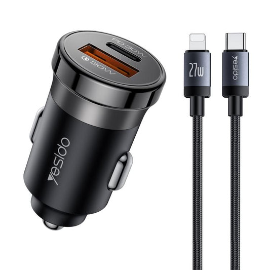 Yesido Y73 30W USB-A Type-C Dual Ports Car Charger with Type-C to 8 Pin Cable, Y73