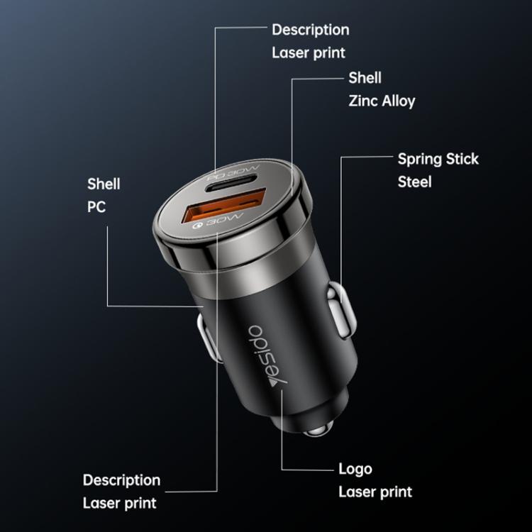 Yesido Y73 30W USB-A Type-C Dual Ports Car Charger with Type-C to 8 Pin Cable, Y73