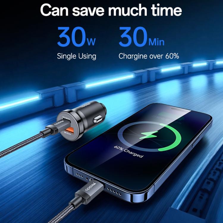 Yesido Y73 30W USB-A Type-C Dual Ports Car Charger with Type-C to 8 Pin Cable, Y73